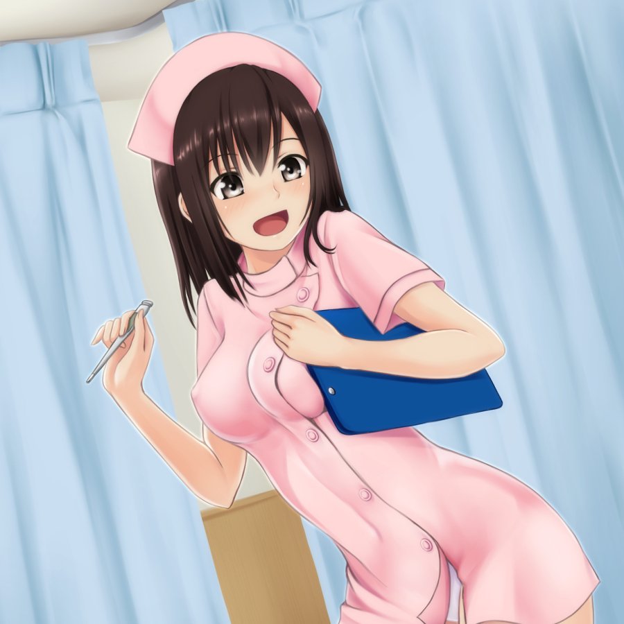 1girl black_hair brown_eyes clipboard commentary_request curtains digital_thermometer dress dutch_angle hat holding_thermometer looking_to_the_side medium_hair nonaka_ritsu nurse nurse_cap open_mouth original pink_dress pink_headwear smile solo thermometer uniform