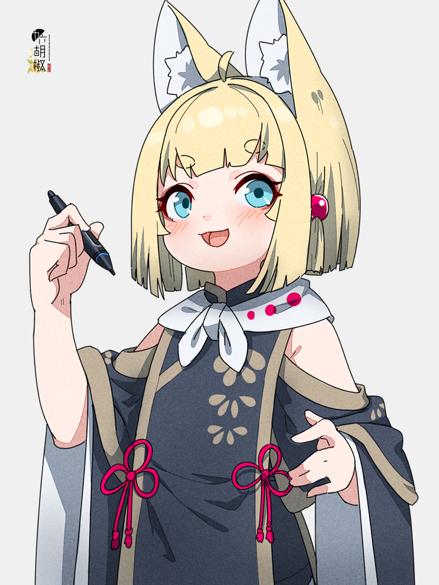 1girl :d ahoge animal_ear_fluff animal_ears bangs black_dress blonde_hair blue_eyes blush clothing_cutout commentary_request copyright_request dress eyebrows_visible_through_hair grey_background hair_ornament highres holding holding_stylus kuro_kosyou long_sleeves open_mouth short_eyebrows shoulder_cutout simple_background smile solo stylus thick_eyebrows upper_body virtual_youtuber wide_sleeves