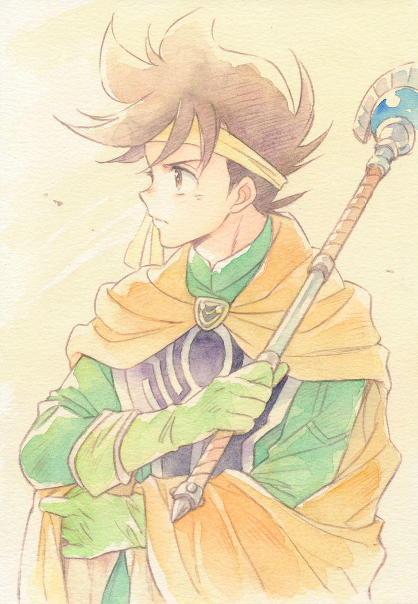 1boy agahari brown_eyes brown_hair cape commentary_request dragon_quest dragon_quest_dai_no_daibouken gloves green_gloves headband highres holding holding_staff long_sleeves looking_away looking_to_the_side male_focus pop_(dragon_quest_dai_no_daibouken) short_hair solo staff yellow_cape yellow_headband