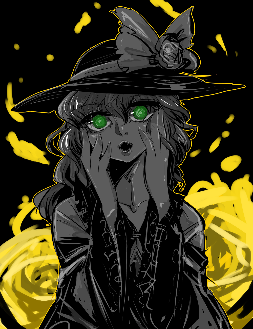 1girl black_background bow collarbone cropped_torso flower green_eyes greyscale hands_on_own_cheeks hands_on_own_face hat hat_bow highres komeiji_koishi looking_at_viewer monochrome petals rose rose_petals short_hair touhou yellow_flower yellow_rose yt_(wai-tei)