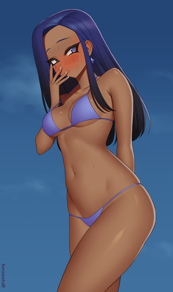 1girl artist_name bare_arms bare_shoulders bikini black_hair blue_bikini blue_eyes blue_hair blush breasts collarbone commentary commission dark-skinned_female dark_skin earrings english_commentary forehead gradient_hair groin jewelry kuroonehalf long_hair looking_at_viewer medium_breasts multicolored_hair navel original parted_lips solo stomach swimsuit