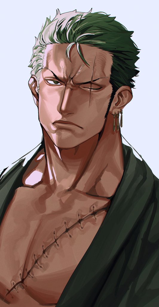 1boy earrings frown green_kimono head_tilt japanese_clothes jewelry kimono large_pectorals lips long_sideburns male_cleavage male_focus mature_male muscular muscular_male one_piece open_clothes open_kimono pectorals portrait roronoa_zoro scar scar_across_eye scar_on_chest short_hair sideburns single_earring sokuse_kienta solo wrinkled_skin