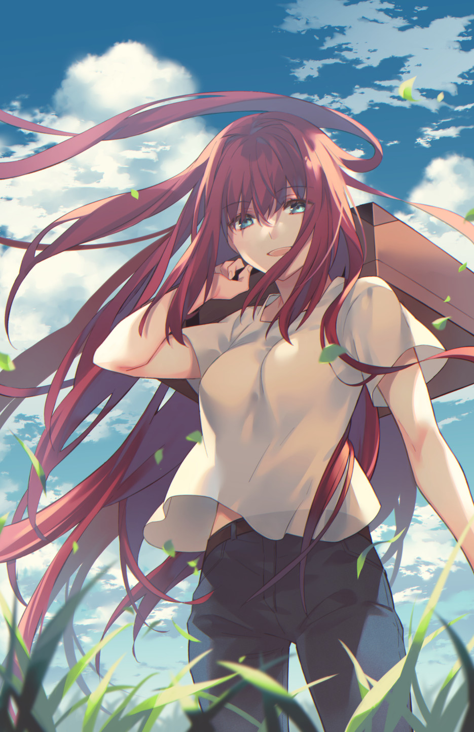 1girl aozaki_aoko bangs belt blue_eyes blue_pants blue_sky breasts clouds commentary_request day denim eyebrows_visible_through_hair fingernails floating_hair grass hair_between_eyes hair_intakes highres hipo holding holding_suitcase jeans leaf long_hair looking_at_viewer medium_breasts open_mouth outdoors pants pocket redhead shirt short_sleeves sidelocks sky smile solo suitcase t-shirt tsukihime upper_body upper_teeth very_long_hair white_shirt wind