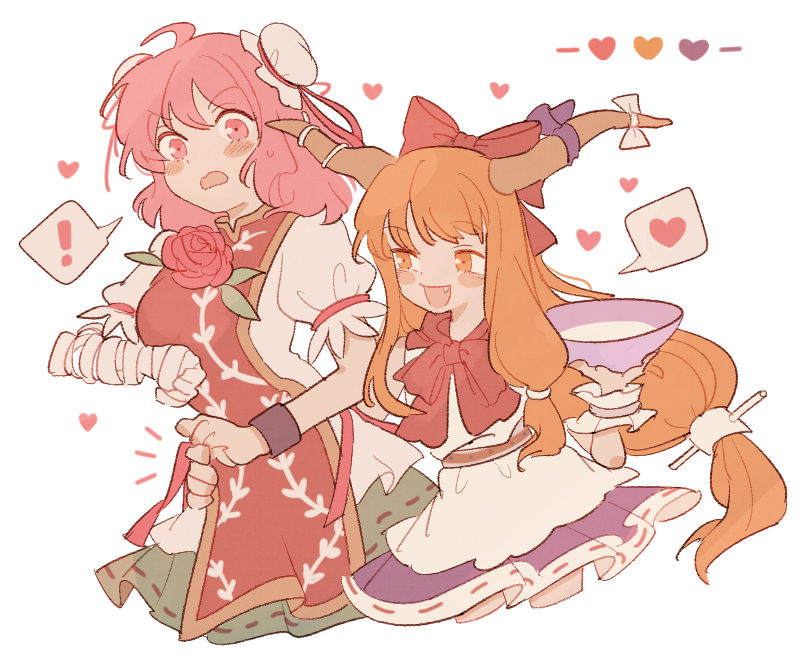 ! 2girls bandaged_arm bandages belt blush breasts cuffs cup double_bun fang flower green_skirt heart horns ibaraki_kasen ibuki_suika long_hair multiple_girls oni oni_horns open_mouth orange_eyes orange_hair pink_eyes pink_hair puffy_short_sleeves puffy_sleeves rbfnrbf_(mandarin) red_neckwear red_ribbon ribbon ribbon_trimmed_clothes rose sakazuki short_hair short_sleeves skirt tabard torso_grab touhou