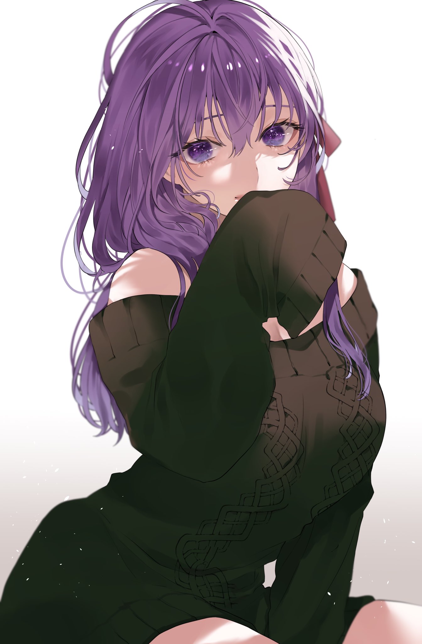1girl bangs breasts fate/stay_night fate_(series) gradient gradient_background green_sweater hair_between_eyes hair_ribbon hand_up highres large_breasts long_hair long_sleeves looking_at_viewer matou_sakura off_shoulder purple_hair red_ribbon ribbon shimatori_(sanyyyy) shiny shiny_hair simple_background sitting sleeves_past_fingers sleeves_past_wrists smile solo sweater violet_eyes