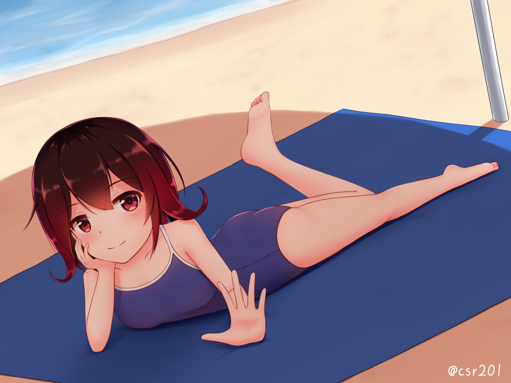 1girl ass beach beach_umbrella blue_sky blue_swimsuit blush breasts brown_eyes brown_hair clouds collarbone competition_school_swimsuit competition_swimsuit csr201 day eyebrows_visible_through_hair gradient_hair hair_between_eyes head_rest kantai_collection looking_at_viewer lying multicolored_hair mutsuki_(kancolle) ocean on_stomach one-piece_swimsuit outdoors redhead sand school_swimsuit shadow short_hair signature sky small_breasts solo swimsuit towel twitter_username umbrella water