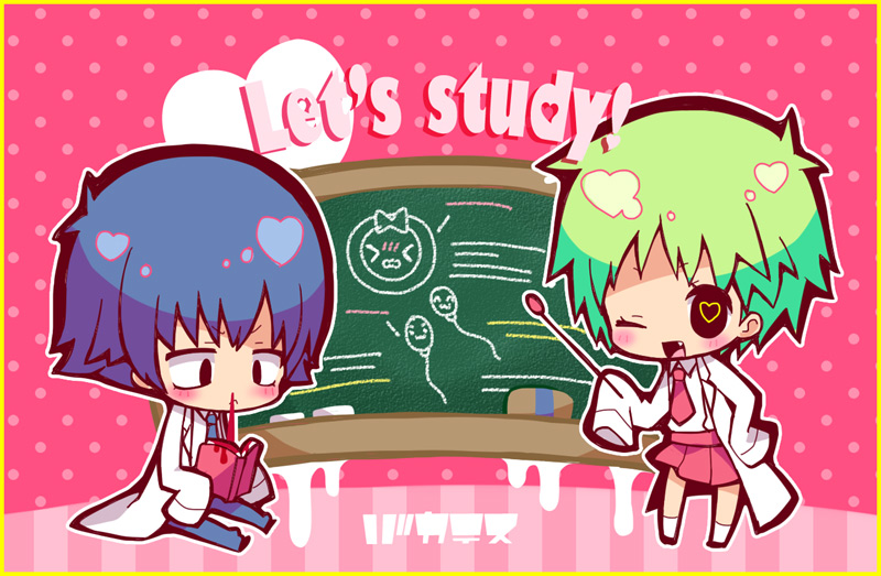 1girl baka_to_test_to_shoukanjuu blood blush book border chalkboard chibi classroom_eraser couple fang green_hair kudou_aiko labcoat maako_(pixiv54348) nosebleed ovum sex_ed sex_education sperm_cell tsuchiya_kouta wink