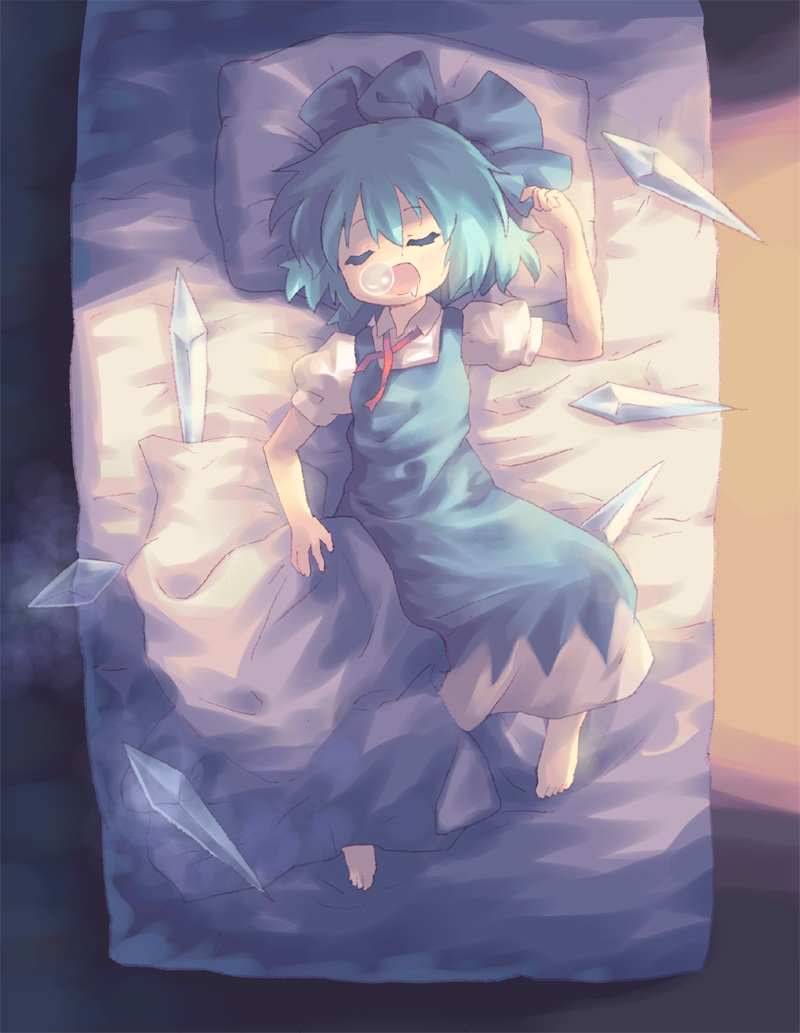 1girl alternate_wings barefoot blue_hair cirno closed_eyes crystal from_above ice lying nose_bubble on_back open_mouth orita_enpitsu saliva sleeping solo touhou wings