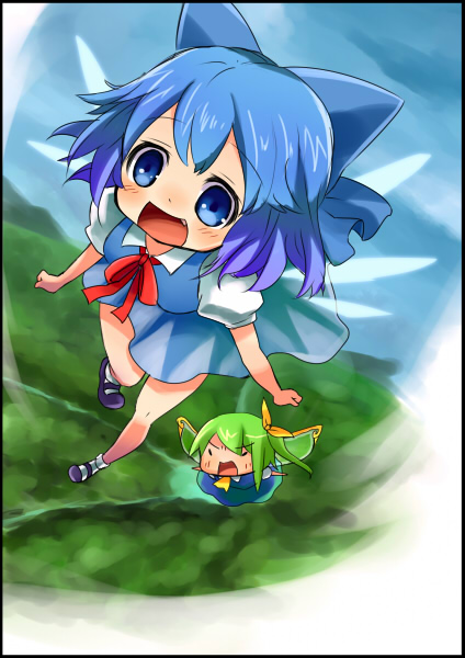 2girls blue_eyes blue_hair border bow cirno daiyousei flying hair_bow multiple_girls sasoribi-dekine short_hair touhou wings