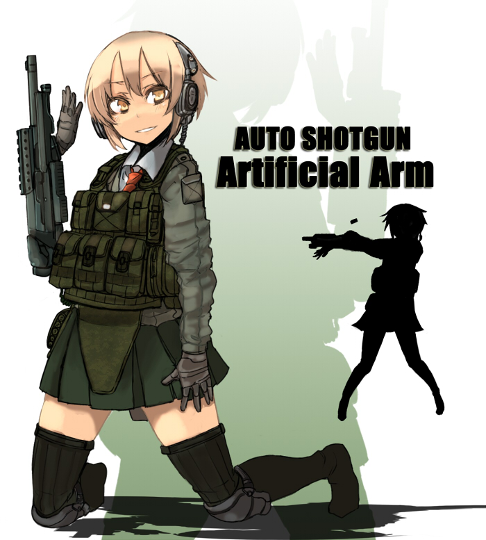 black_thighhighs blonde_hair casing_ejection cyborg gun headphones knee_pads kneeling load_bearing_vest prosthesis prosthetic_weapon shell_casing short_hair sigama sigma_(artist) silhouette skirt thigh-highs thighhighs weapon yellow_eyes zettai_ryouiki zoom_layer