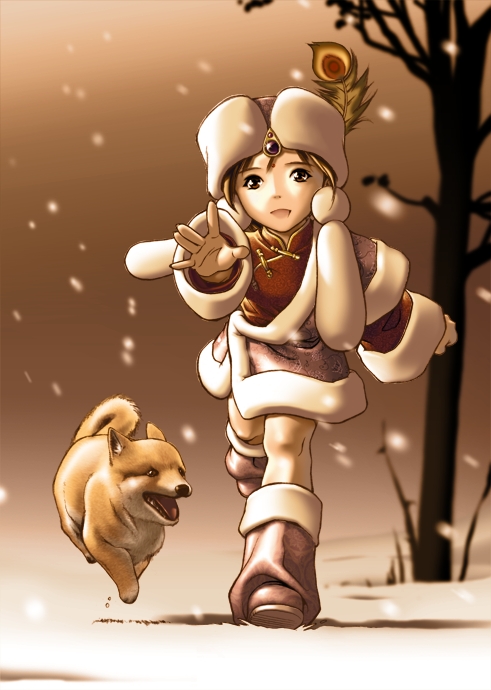 brown_hair chinese_clothes dog geister hat original outstretched_arm outstretched_hand reaching short_hair snow solo