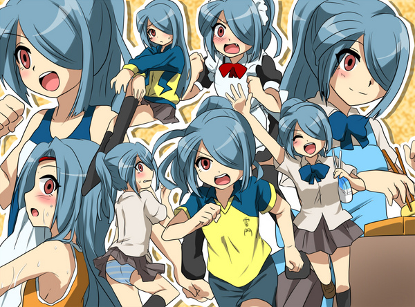 androgynous bag blue_hair blush chopsticks crossdressinging food hair_over_one_eye inazuma_eleven kazemaru_ichirouta long_hair maid open_mouth panties pantyshot ponytail purse raglan_sleeves red_eyes ribbon running skirt swimsuit towel trap wet