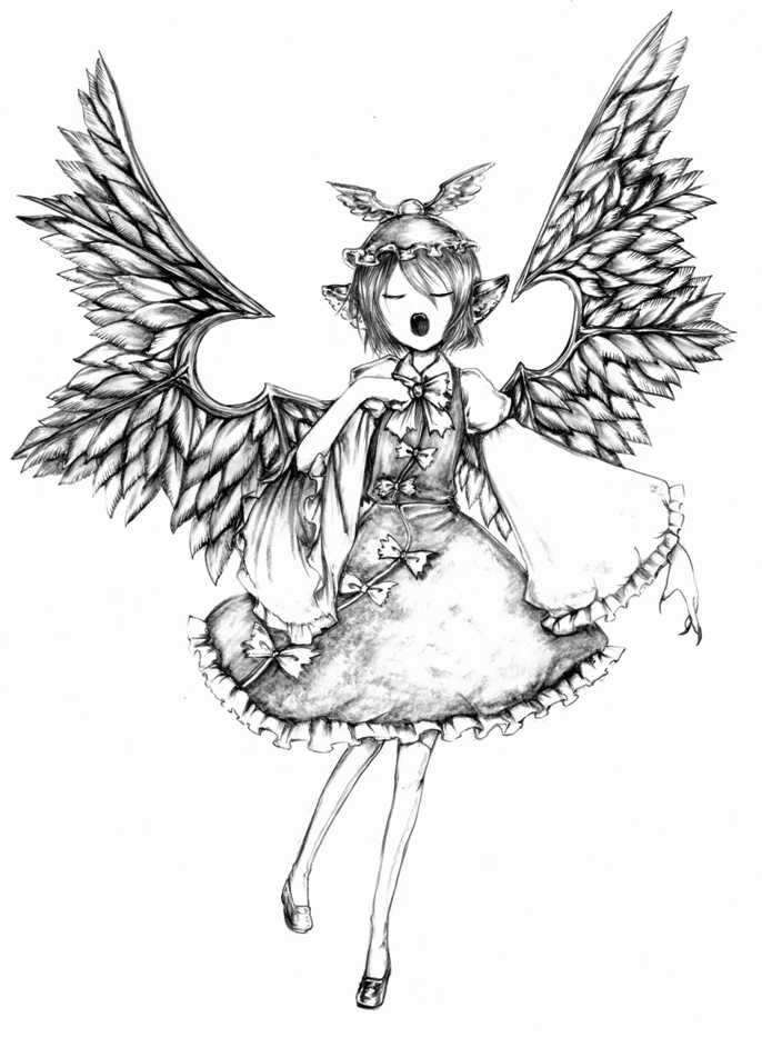 animal_ears claws dress closed_eyes feathers hat kurosaki_(niggurath) legs long_nails mystia_lorelei nails no_nose open_mouth ribbon shoes short_hair singing solo thigh-highs touhou traditional_media white_thighhighs wide_sleeves wings