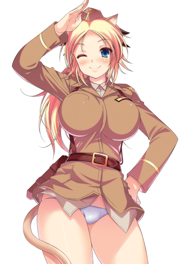 1girl animal_ears belt blonde_hair blue_eyes blue_panties blush breasts cat_ears cat_tail hand_on_hip hat katharine_ohare large_breasts long_hair lowleg lowleg_panties military military_uniform no_pants panties salute simple_background smile solo strike_witches tail thighs underwear uniform wink