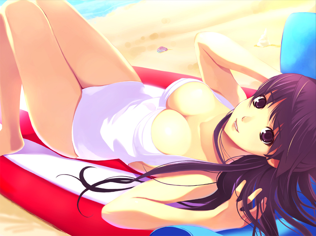 breasts cleavage long_hair looking_at_viewer lying on_back one-piece_swimsuit original smile solo suke_akurou swimsuit