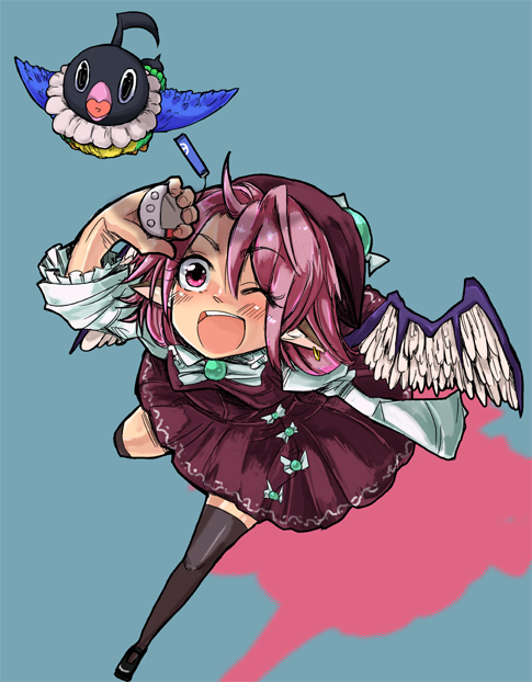 1girl 1other bandai bird black_legwear black_thighhighs chatot creatures_(company) dress earrings from_above game_freak gen_4_pokemon harco_izm hat holding jewelry legs musical_note_(specie) mystia_lorelei nintendo olm_digital open_mouth parrot perspective pink_eyes pink_hair pointy_ears pokemon pokemon_(anime) pokemon_(creature) pokemon_(game) pokemon_dppt pokemon_mini pokewalker shadow simple_background tamagotchi tamagotchi_(toy) team_shanghai_alice thigh-highs thighhighs touhou tv_tokyo wide_sleeves wings wink