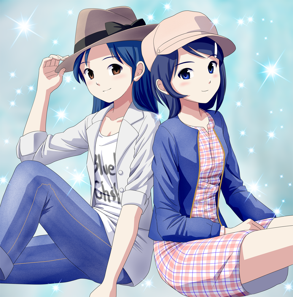 blue_hair brown_eyes casual dress hat idolmaster idolmaster_dearly_stars jeans kisaragi_chihaya long_hair mizutani_eri ponnetsu short_hair sleeves_folded_up