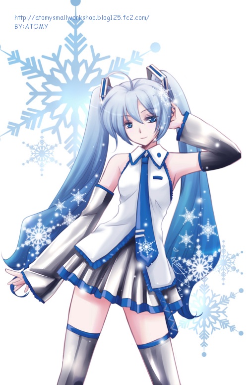 alternate_color atomy blue_eyes detached_sleeves gradient_hair hatsune_miku long_hair multicolored_hair necktie patterned skirt snowflakes solo thigh-highs thighhighs twintails vocaloid yuki_miku zettai_ryouiki