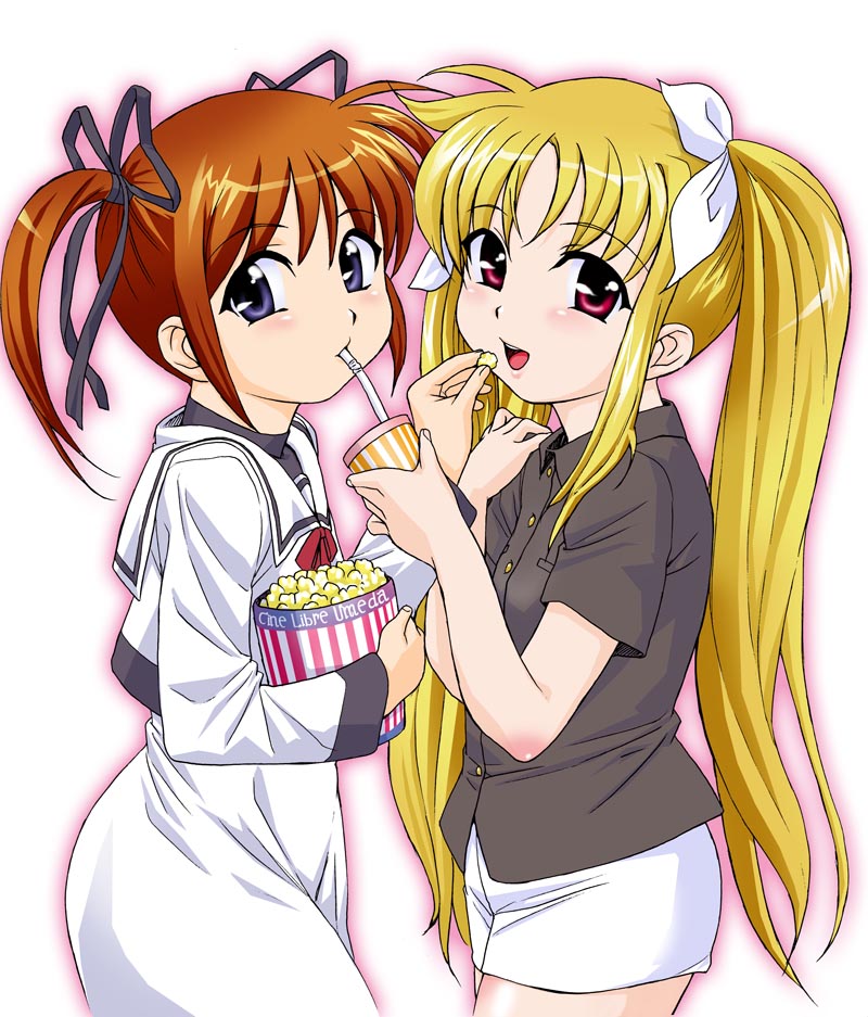 brown_hair casual drink fate_testarossa feeding flat_chest hair_ribbon loli long_hair mahou_shoujo_lyrical_nanoha mahou_shoujo_lyrical_nanoha_the_movie_1st nishitsuki_tsutomu popcorn purple_eyes red_eyes ribbon school_uniform skirt takamachi_nanoha twintails violet_eyes