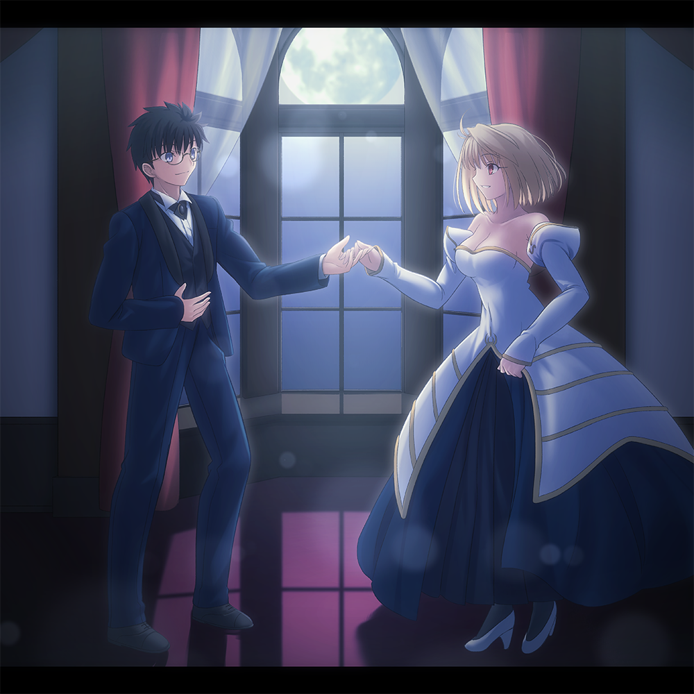 1boy 1girl ahoge arcueid_brunestud bare_shoulders black_hair blonde_hair blue_eyes bow bowtie breasts collarbone couple curtains dancing dress formal glasses holding_hands indoors looking_at_another migiha moon night night_sky open_mouth red_eyes short_hair sky smile standing suit tohno_shiki tsukihime type-moon white_dress window