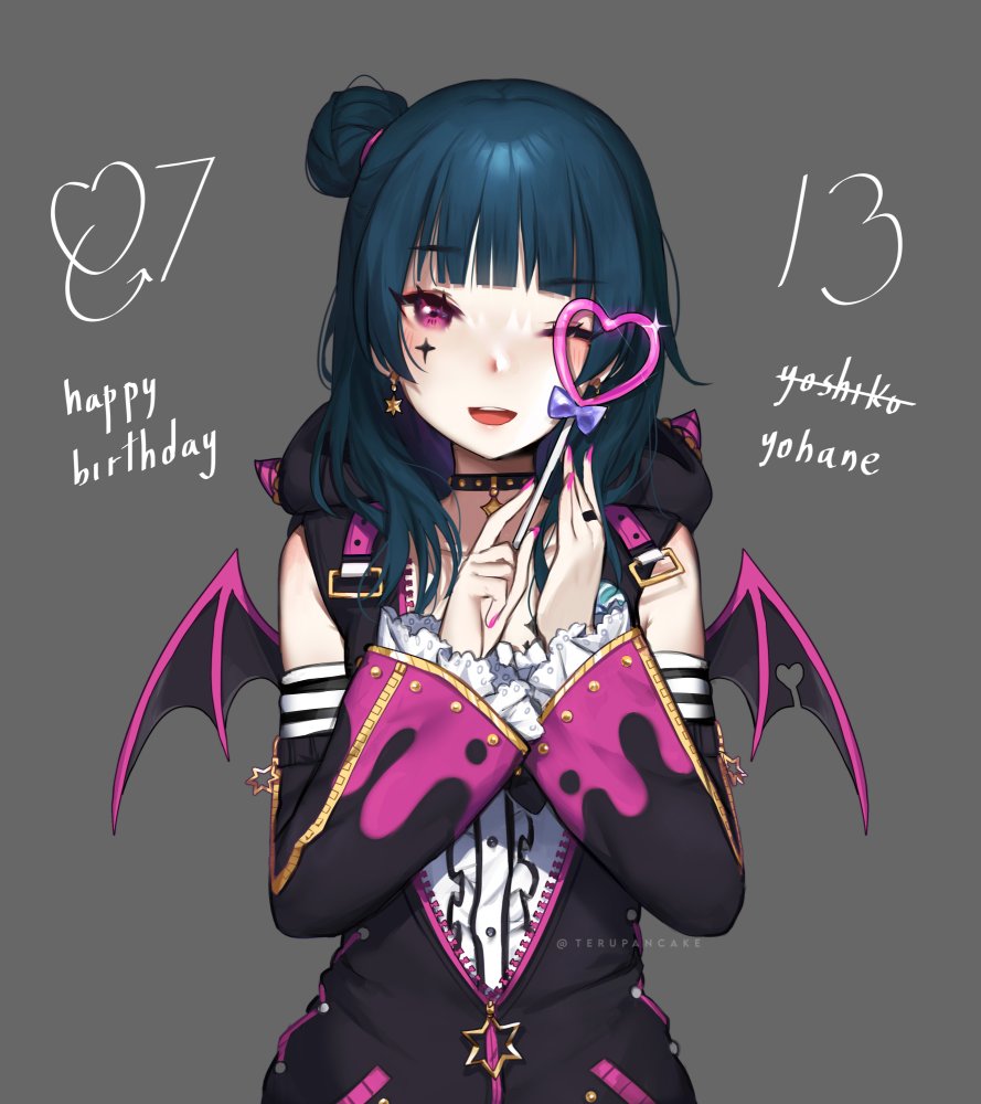 1girl :d bangs black_choker black_jacket blue_hair blunt_bangs character_name choker detached_sleeves earrings eyebrows_visible_through_hair facial_mark fingernails frilled_sleeves frills grey_background hair_bun happy_birthday heart_wand holding holding_wand jacket jewelry long_hair long_sleeves looking_at_viewer love_live! love_live!_sunshine!! mini_wings nail_polish one_eye_closed open_mouth own_hands_together pink_eyes pink_nails ring side_bun simple_background smile solo star_facial_mark terupancake tsushima_yoshiko upper_body wand wings