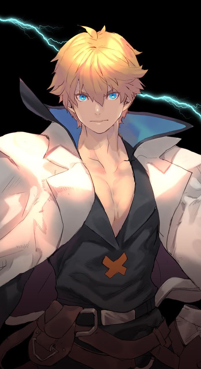 1boy bare_pectorals belt belt_buckle black_background blonde_hair blue_eyes buckle closed_mouth coat coat_on_shoulders collarbone electricity guilty_gear guilty_gear_strive hair_between_eyes highres ky_kiske male_focus pectorals privokome scabbard sheath solo white_coat x