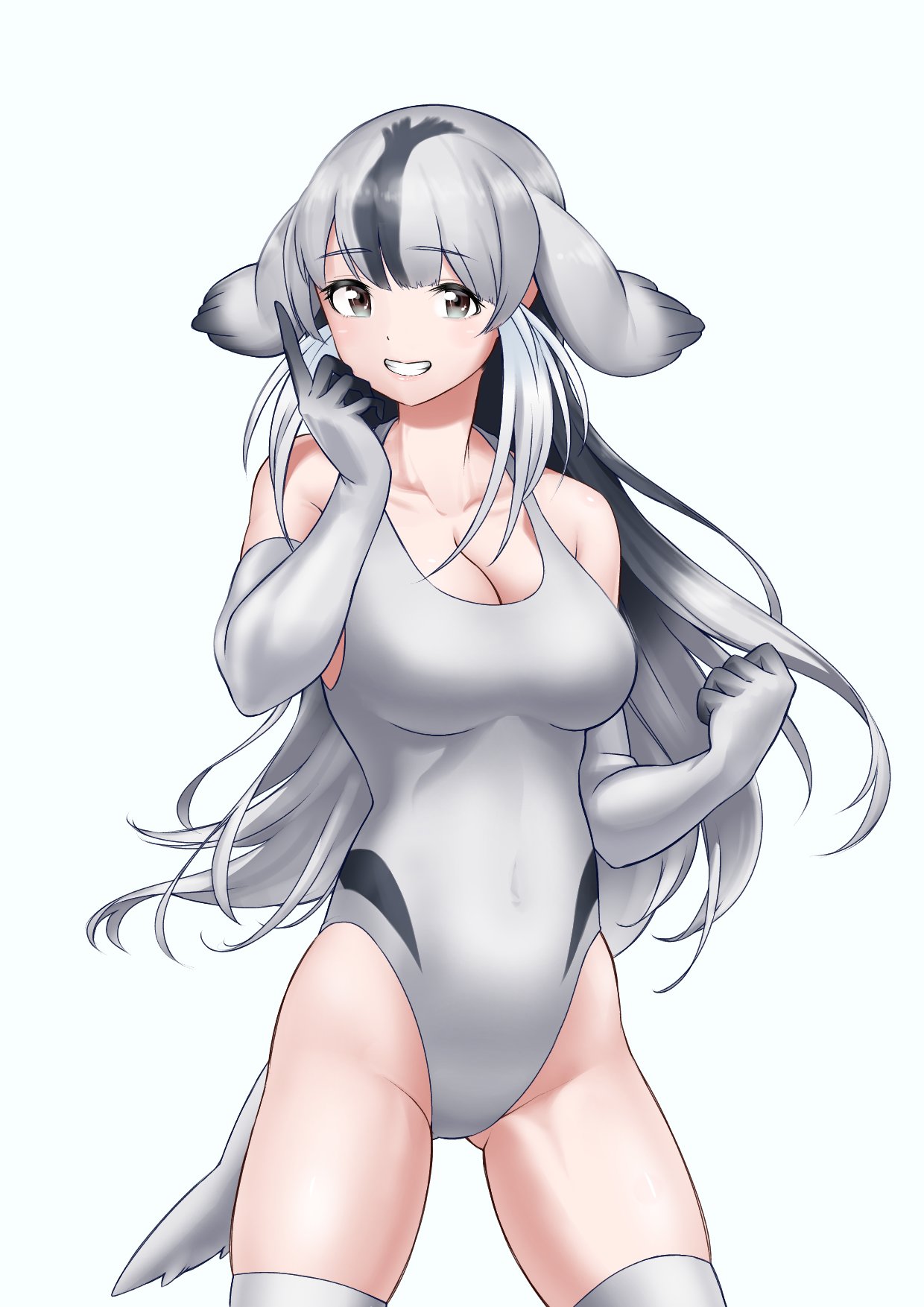 bare_shoulders bearded_seal_(kemono_friends) black_hair blush commentary_request cowboy_shot elbow_gloves eyebrows_visible_through_hair flippers gloves grey_eyes grey_gloves grey_hair grey_legwear grey_swimsuit highres kemono_friends looking_at_viewer losmal_indicus multicolored_hair one-piece_swimsuit sleeveless smile swimsuit thigh-highs zettai_ryouiki