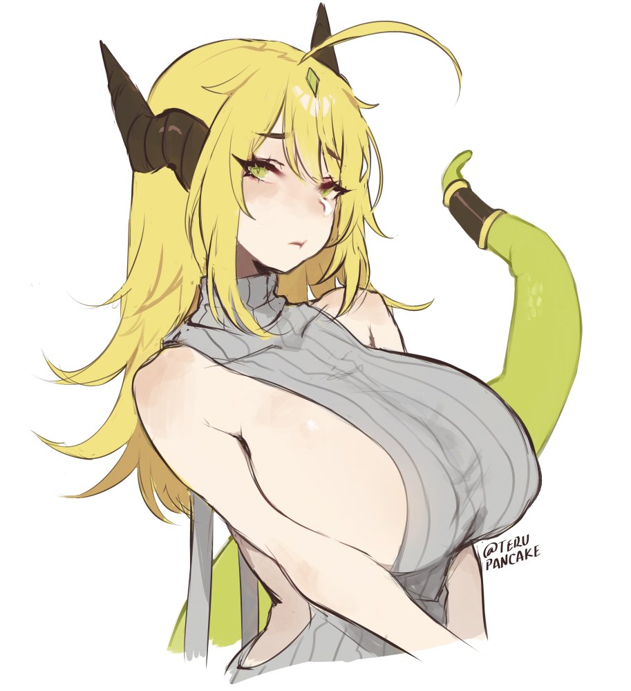 1girl :t ahoge bare_back bare_shoulders blonde_hair blush breasts closed_mouth eyebrows eyebrows_visible_through_hair eyelashes green_eyes grey_sweater horns huge_breasts lamia large_breasts long_hair looking_at_viewer meme_attire monster_girl original pout ribbed_sweater simple_background sleeveless sleeveless_sweater snek_(terupancake) solo sweater terupancake twitter_username v_arms virgin_killer_sweater white_background