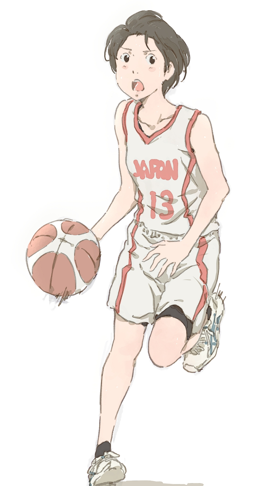 1girl bare_shoulders basketball basketball_uniform bike_shorts bike_shorts_under_shorts black_eyes black_hairband blush breasts collarbone dribbling hairband highres jersey monodevil motion_lines open_mouth running shoes short_hair shorts simple_background small_breasts sneakers sportswear tank_top very_short_hair white_background white_footwear white_shorts white_tank_top