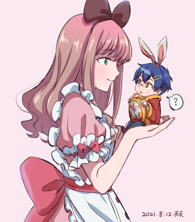 1boy 1girl ? alice_(alice_in_wonderland) alice_(alice_in_wonderland)_(cosplay) animal_ears apron asanaka_yomogi bangs blue_hair blush bow breasts brown_hair cosplay dress green_eyes gridman_universe hair_ornament hairband hairclip hat long_hair minami_yume rabbit_ears ribbon short_hair smile ssss.dynazenon tenten_(kitty) top_hat watch white_rabbit_(alice_in_wonderland) white_rabbit_(alice_in_wonderland)_(cosplay) yellow_eyes