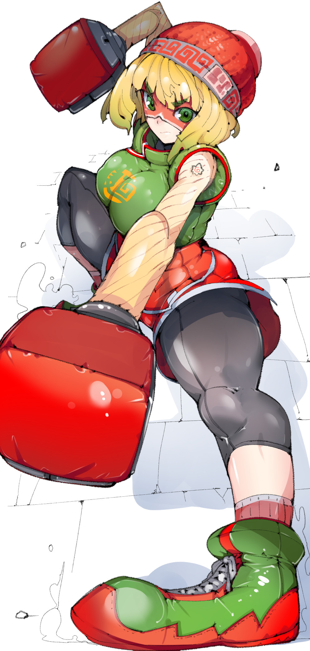 1girl arms_(game) bangs beanie blonde_hair bob_cut boxing_gloves capri_pants domino_mask fighting_stance green_eyes green_footwear hat high_tops highres kicking knit_hat legwear_under_shorts mask min_min_(arms) orange_headwear orange_shorts pants perspective short_hair shorts solo takayama_toshinori toaster_(arms)