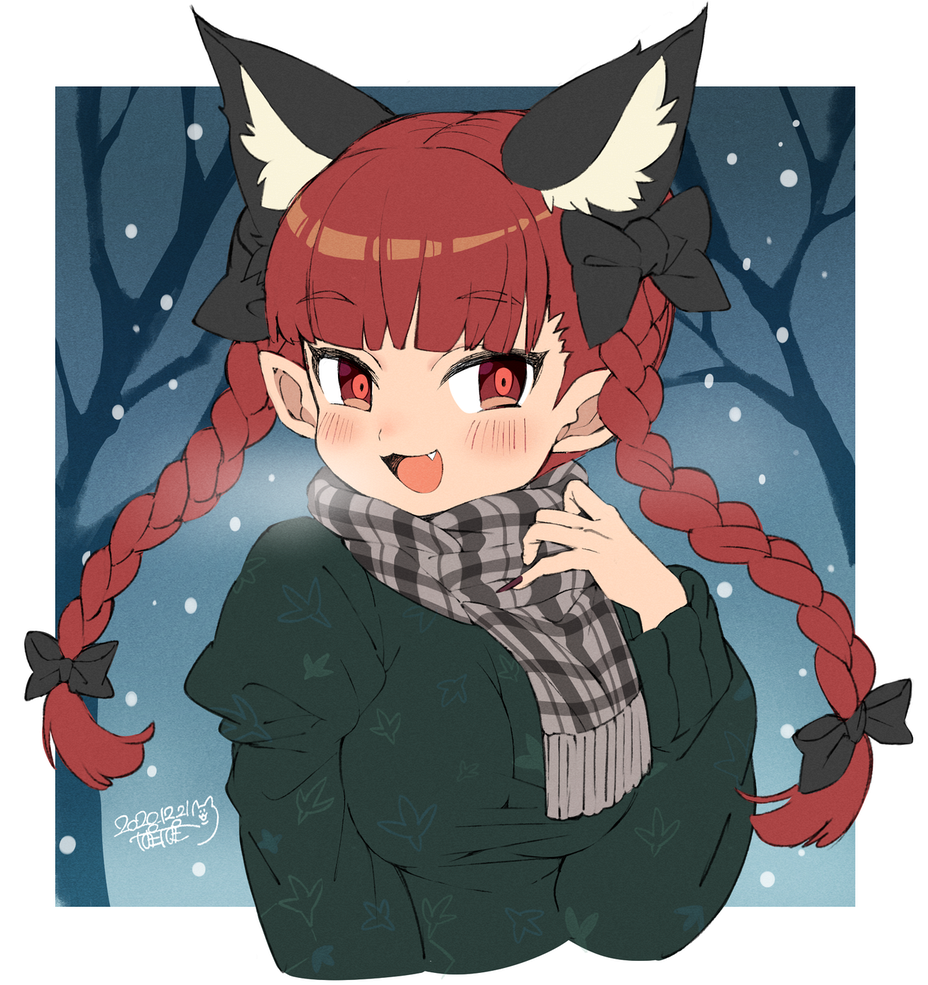 1girl animal_ear_fluff animal_ears bangs black_bow blunt_bangs blush bow braid breasts cat_ears cropped_torso dated extra_ears eyebrows_visible_through_hair fang fingernails green_sweater hair_bow hand_up iroyopon kaenbyou_rin long_hair long_sleeves looking_at_viewer medium_breasts open_mouth original plaid plaid_scarf pointy_ears red_eyes red_nails redhead scarf sharp_fingernails signature smile snowing solo sweater tree twin_braids twintails upper_body very_long_fingernails winter_clothes