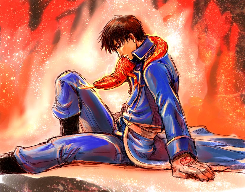 1boy amestris_military_uniform animal animal_around_neck arm_at_side arm_support backlighting black_eyes black_footwear black_hair blue_jacket blue_pants blue_theme boots closed_mouth collared_jacket embers eyelashes fire flame foot_out_of_frame from_side fullmetal_alchemist gloves half-closed_eyes head_down jacket knee_up limited_palette magic_circle male_focus military military_uniform on_floor pants profile red_theme roy_mustang sad salamander shu_(tam) sitting spiky_hair tongue tongue_out uniform white_gloves