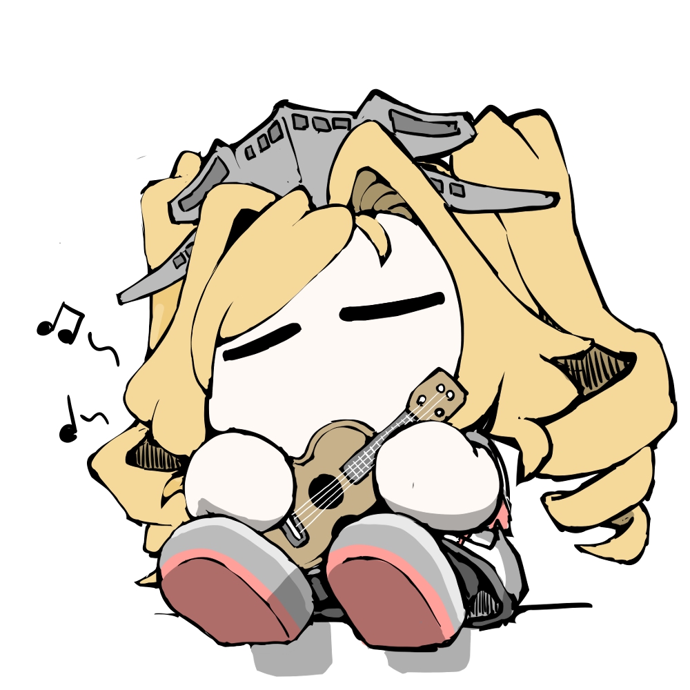 1girl black_legwear blonde_hair chibi closed_eyes crop_top drill_hair headgear honolulu_(kancolle) instrument kantai_collection miniskirt multicolored multicolored_clothes music musical_note no_mouth playing_instrument simple_background skirt solo task_(s_task80) thigh-highs twintails ukulele white_background