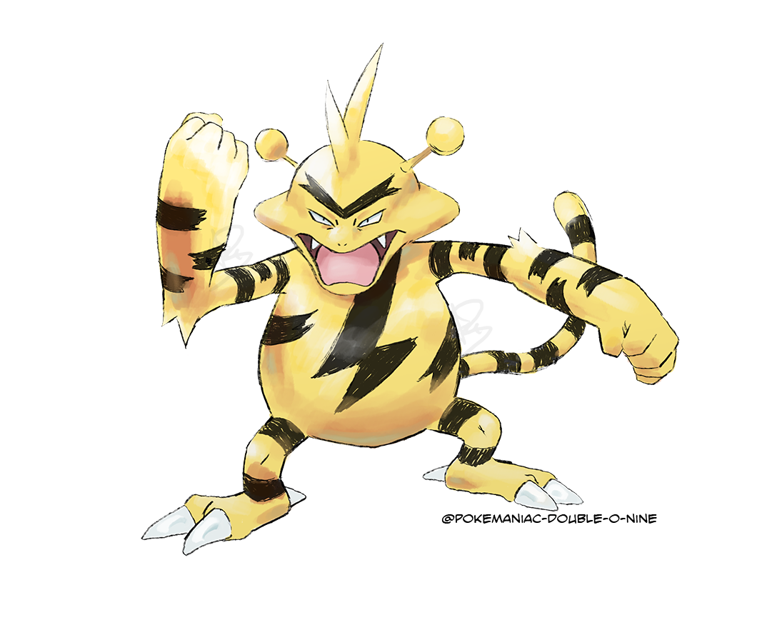 black_eyes claws clenched_hands commentary do9bessa electabuzz english_commentary fangs gen_1_pokemon legs_apart looking_at_viewer open_mouth pokemon pokemon_(creature) solo standing tongue