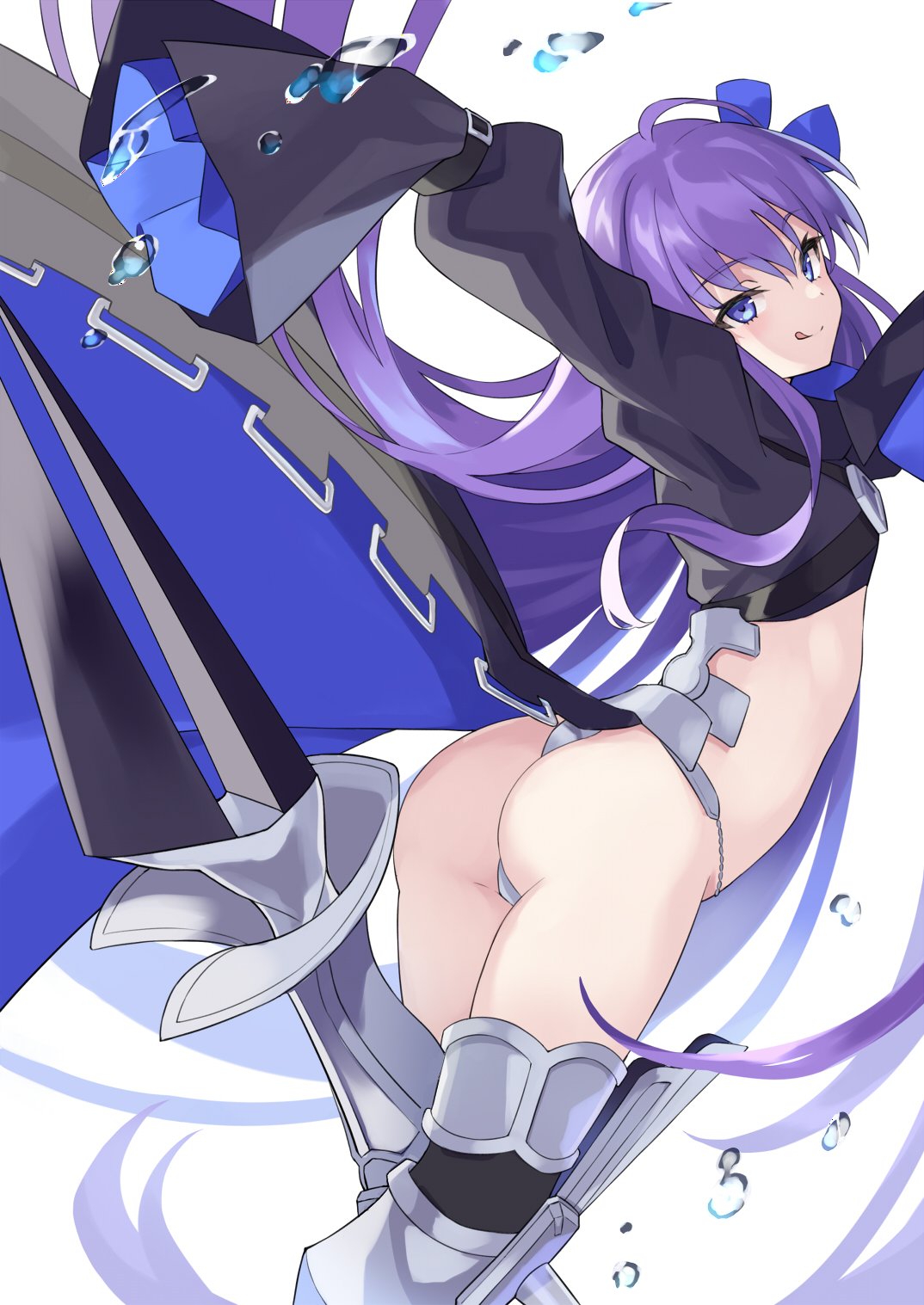 100 1girl armored_boots ass bangs blue_eyes blue_ribbon blush boots breasts fate/extra fate/extra_ccc fate_(series) highres licking_lips long_hair long_sleeves looking_at_viewer meltryllis_(fate) prosthesis prosthetic_leg purple_hair ribbon sleeves_past_fingers sleeves_past_wrists small_breasts smile solo thighs tongue tongue_out