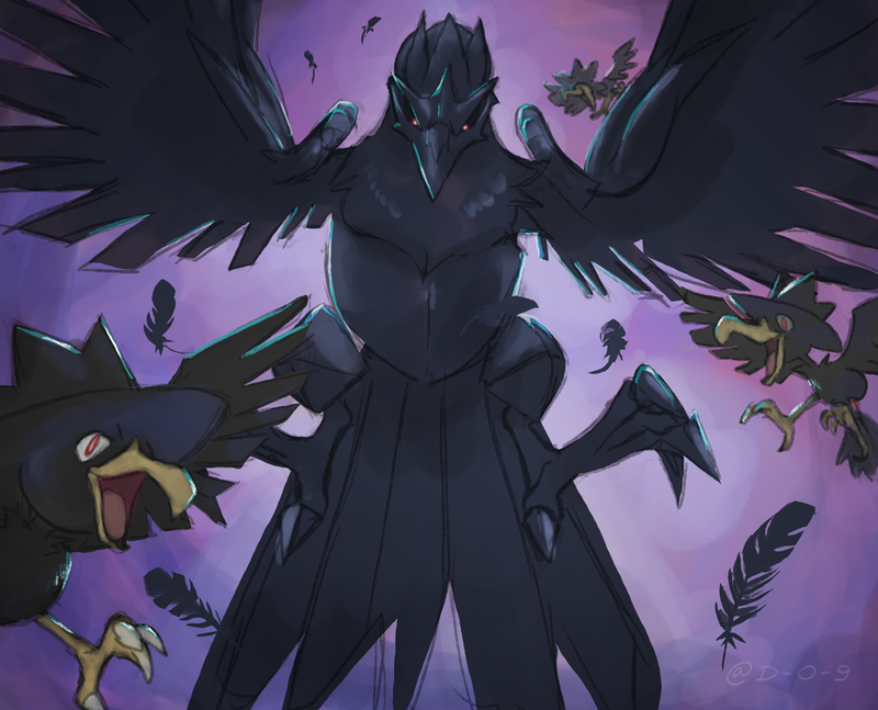 bird bright_pupils commentary corviknight do9bessa english_commentary feathers gen_2_pokemon gen_8_pokemon murkrow no_humans pokemon pokemon_(creature) red_eyes talons white_pupils