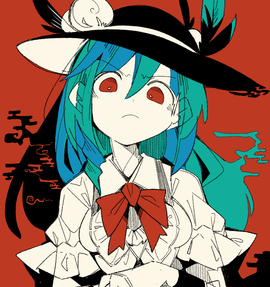 1girl black_headwear blue_eyes blue_hair bow bowtie breasts bright_pupils closed_mouth collared_shirt ears_visible_through_hair eyebrows_visible_through_hair food frilled_sleeves frills frown fruit hair_between_eyes hand_up hat hat_ribbon hatching_(texture) high_contrast hinanawi_tenshi leaf limited_palette linear_hatching long_hair looking_at_viewer massakasama medium_breasts partially_unbuttoned peach red_background red_bow red_eyes ribbon see-through_sleeves shirt short_sleeves smoke solo straight-on touhou upper_body v-shaped_eyebrows white_pupils white_shirt wing_collar