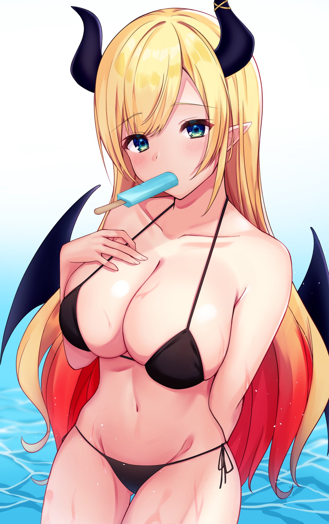 bikini black_bikini blonde_hair breasts demon_girl demon_horns demon_wings food food_in_mouth green_eyes hand_on_own_chest highres hololive horns large_breasts mikoto_paint multicolored multicolored_clothes navel popsicle sucking swimsuit thigh_gap thighs wings yuzuki_choco