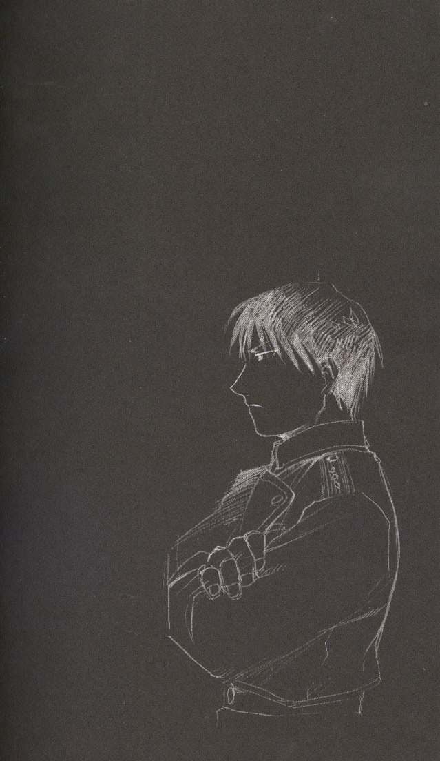 1boy amestris_military_uniform arakawa_hiromu black_background closed_mouth collared_jacket commentary cropped_torso crossed_arms english_commentary epaulettes facing_away fingernails from_side fullmetal_alchemist jacket looking_afar male_focus military military_jacket military_uniform monochrome official_art profile roy_mustang serious simple_background spiky_hair tsurime uniform
