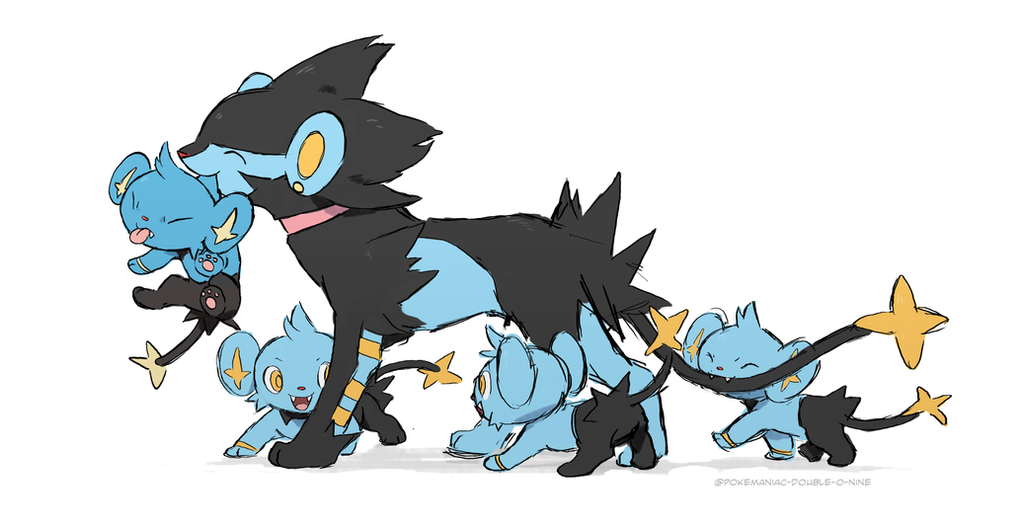 closed_eyes commentary do9bessa fangs from_side gen_4_pokemon luxray mouth_hold no_humans open_mouth pokemon pokemon_(creature) shinx smile standing tongue tongue_out white_background yellow_eyes