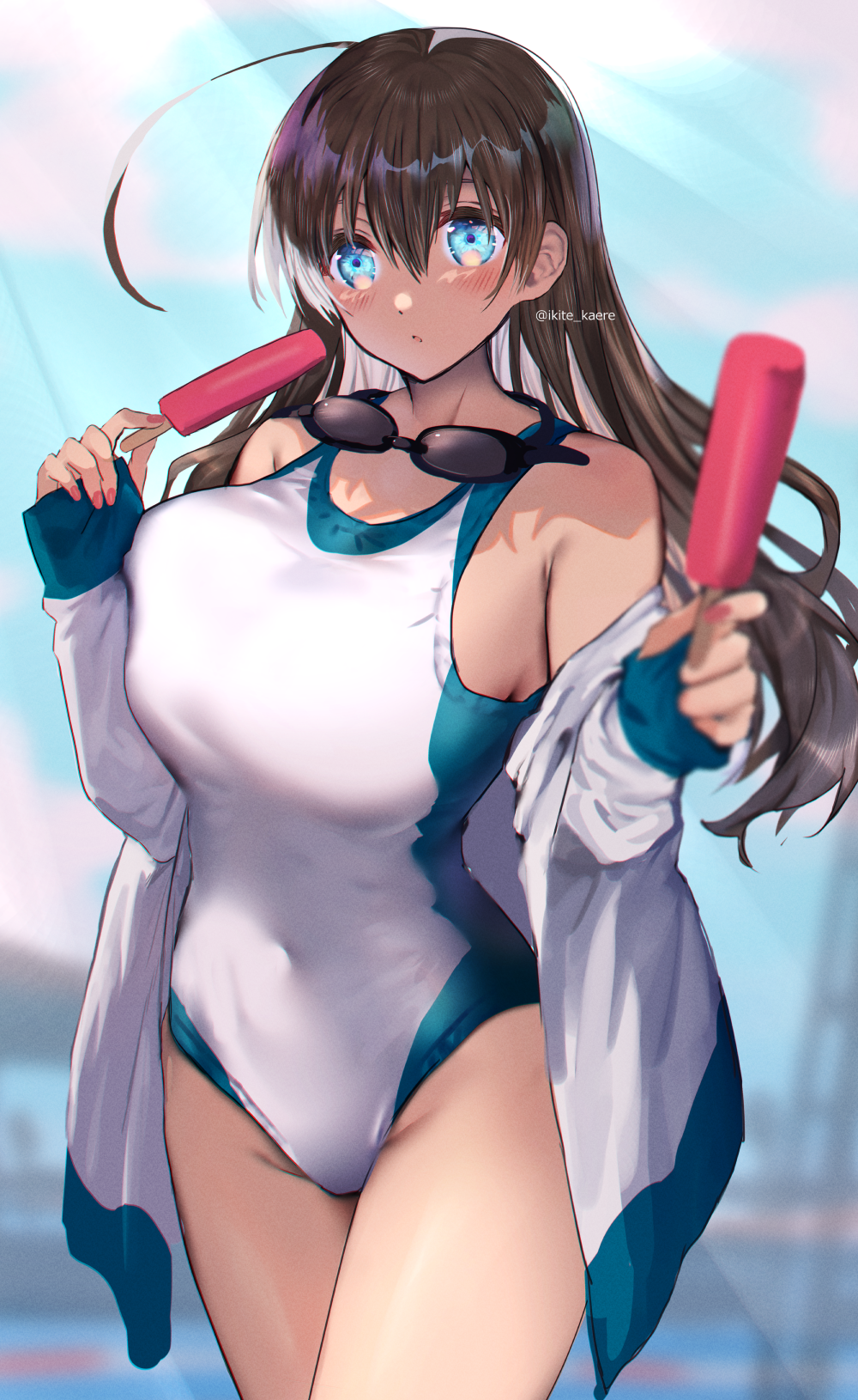 1girl black_hair blue_eyes breasts competition_swimsuit cowboy_shot dark-skinned_female dark_skin food foreshortening goggles goggles_around_neck highres jacket large_breasts long_hair one-piece_swimsuit open_clothes open_jacket original popsicle shino_yoshihisa solo standing swimsuit track_jacket white_jacket white_swimsuit