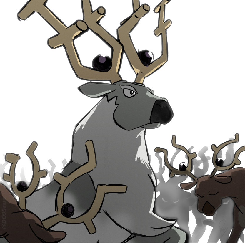 black_eyes bow bright_pupils closed_eyes closed_mouth commentary do9bessa evolutionary_line gen_2_pokemon no_humans pokemon pokemon_(creature) stantler white_pupils wyrdeer