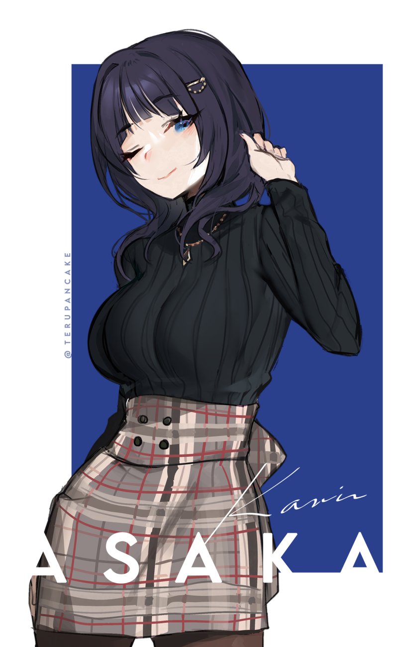 1girl asaka_karin black_sweater blue_background blue_eyes border breasts brown_legwear buttons character_name closed_mouth cowboy_shot double-breasted eyebrows_visible_through_hair grey_skirt hand_up head_tilt highres jewelry large_breasts long_sleeves looking_at_viewer love_live! love_live!_nijigasaki_high_school_idol_club medium_hair miniskirt necklace one_eye_closed outside_border pantyhose plaid plaid_skirt purple_hair simple_background skirt smile solo standing sweater terupancake twitter_username white_border