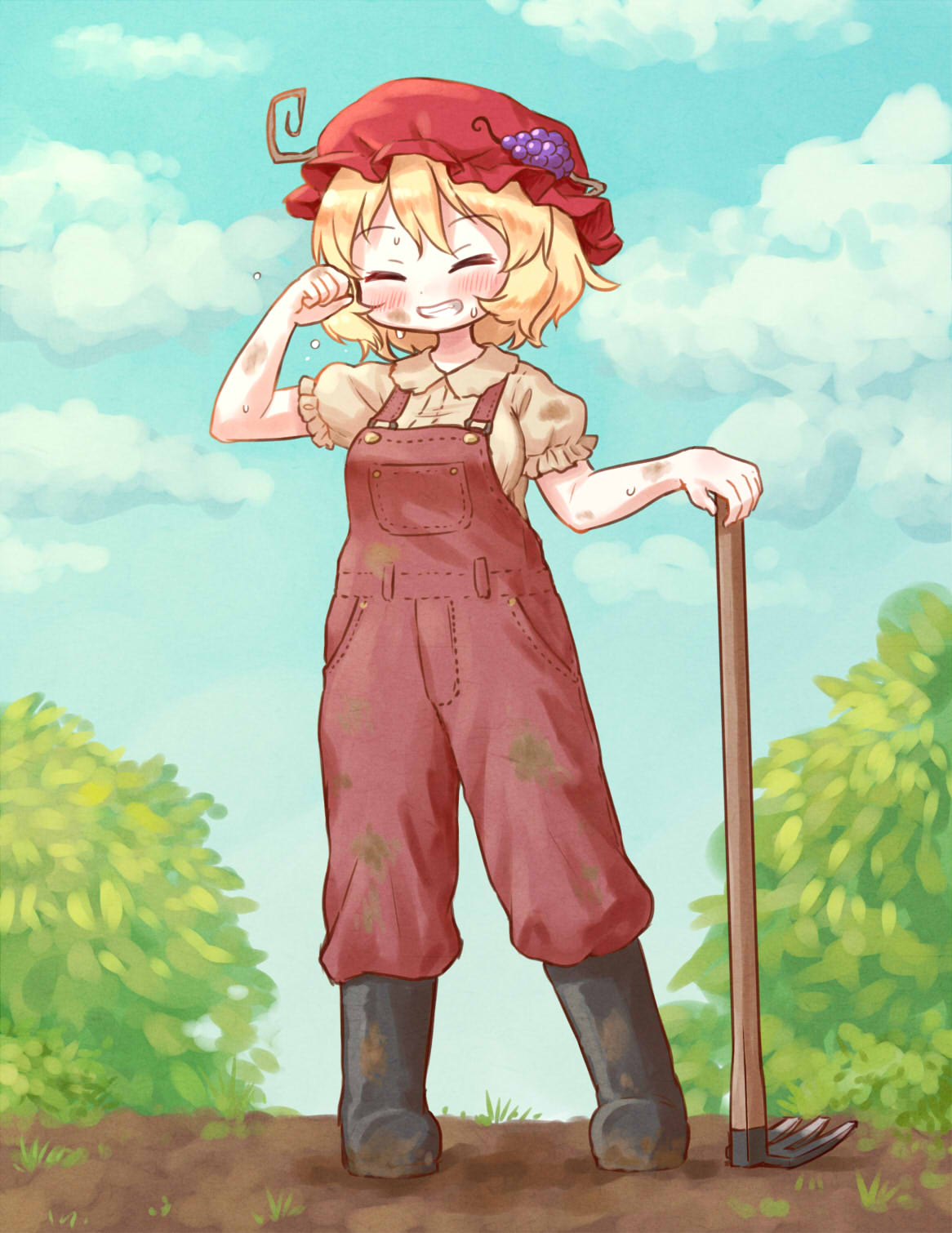 1girl adapted_costume aki_minoriko arinu bangs black_footwear blonde_hair blue_sky boots closed_eyes clouds dirty dirty_clothes dirty_face eyebrows_visible_through_hair farmer food fruit full_body grapes grin hat highres holding mob_cap outdoors overalls rake red_headwear short_hair short_sleeves sky smile solo standing sweat touhou