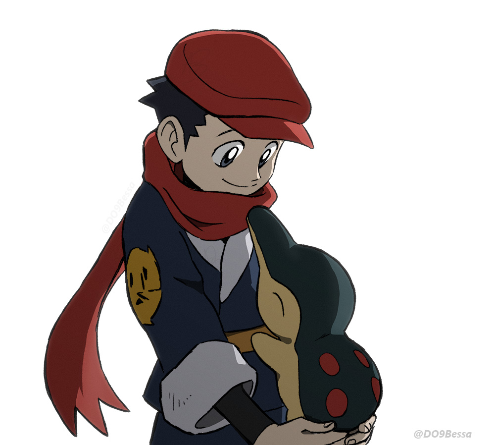 1boy black_hair black_undershirt closed_mouth commentary cyndaquil do9bessa english_commentary gen_2_pokemon hat holding holding_pokemon jacket looking_down male_focus pokemon pokemon_(creature) pokemon_(game) pokemon_legends:_arceus red_headwear red_scarf rei_(pokemon) scarf short_hair smile spiky_hair undershirt