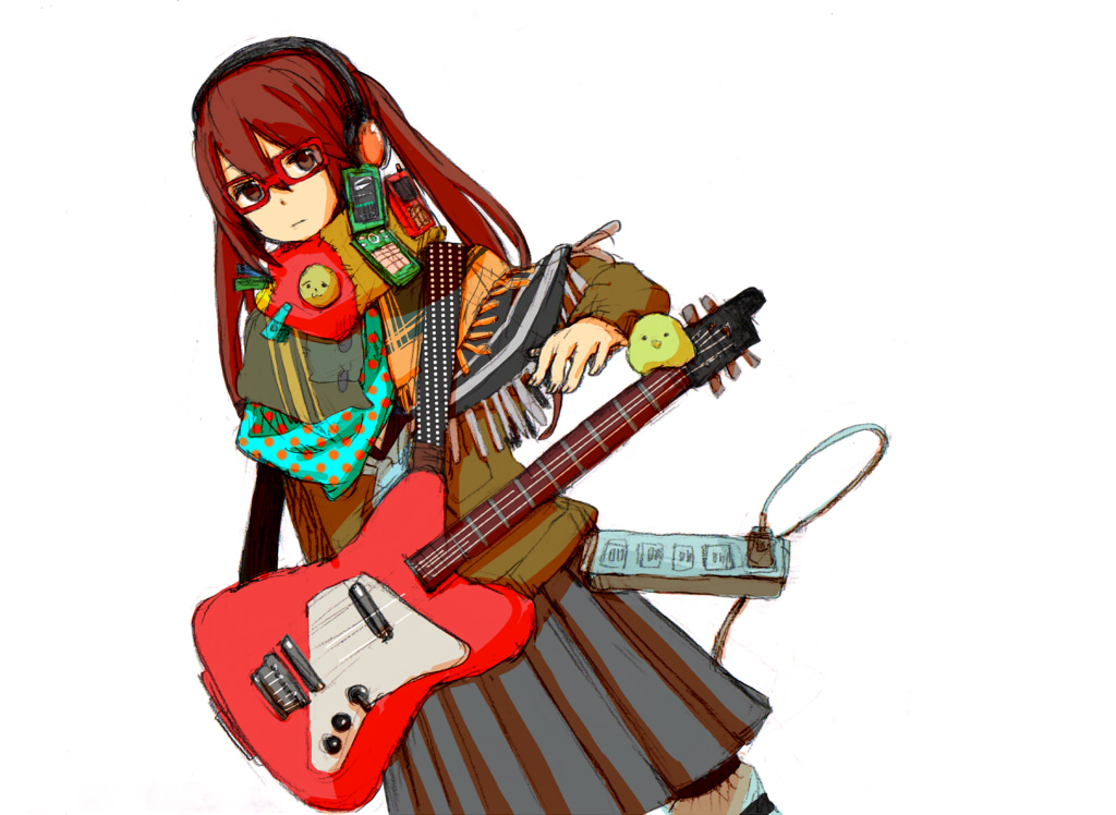 1girl bangs bird brown_eyes brown_hair cable cellphone chick closed_mouth electric_socket flip_phone glasses grey_skirt guitar hair_between_eyes headphones instrument long_hair long_sleeves original phone pleated_skirt polka_dot poncho saitamax scarf simple_background skirt solo twintails vocaloid white_background