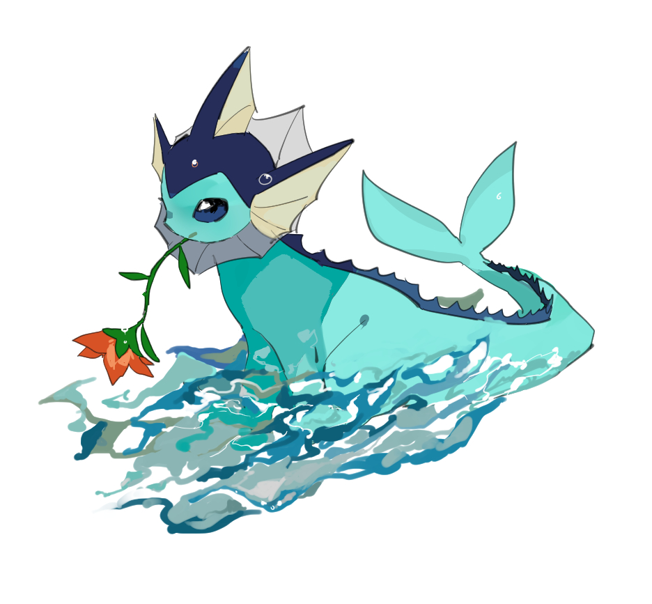 animal_focus apios1 blank_eyes blue_eyes blue_theme commentary flower full_body gen_1_pokemon mouth_hold no_humans partially_submerged pokemon pokemon_(creature) red_flower simple_background sitting solo vaporeon water water_drop white_background