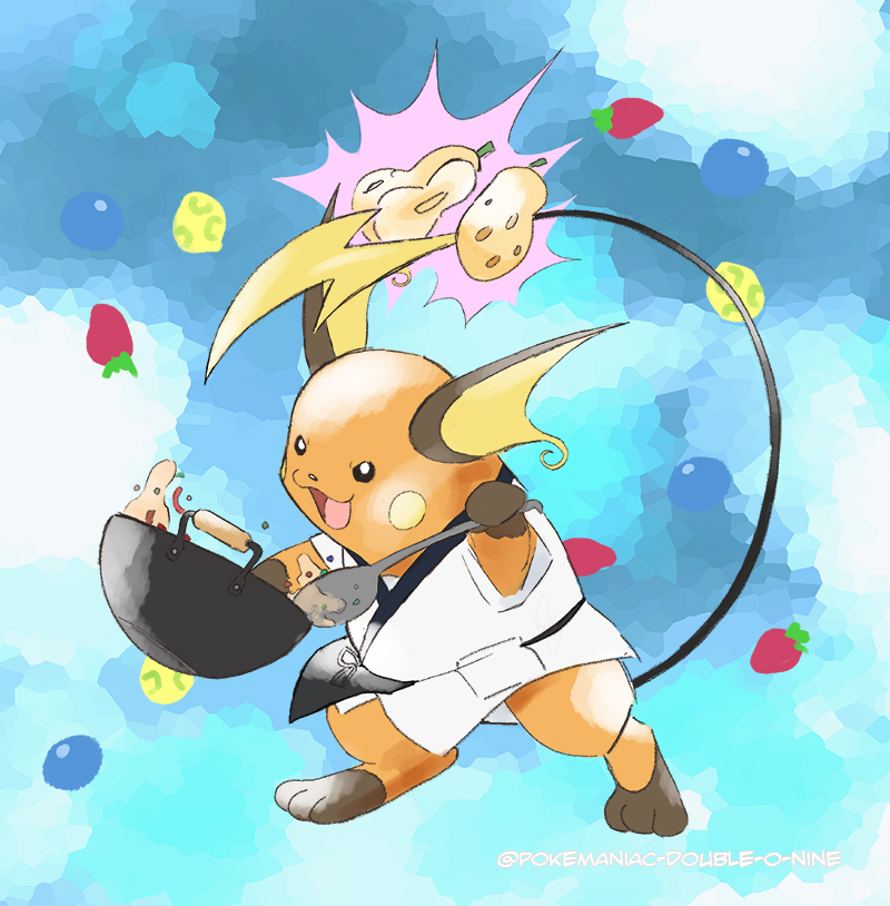 :d berry_(pokemon) black_eyes bowl clothed_pokemon commentary cooking do9bessa english_commentary gen_1_pokemon holding jacket no_humans open_mouth pokemon pokemon_(creature) raichu sitrus_berry smile standing toes tongue white_jacket