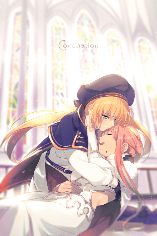 2girls artoria_pendragon_(caster)_(fate) artoria_pendragon_(fate) bangs belt beret black_gloves blonde_hair blue_cape blue_headwear breasts buttons cape closed_eyes double-breasted dress echo_(circa) fate/grand_order fate_(series) gloves green_eyes hat hood hooded_cape knocknarea_(fate) long_hair long_sleeves looking_at_viewer medb_(fate)_(all) multicolored multicolored_cape multicolored_clothes multiple_girls open_mouth pink_hair red_cape small_breasts smile twintails white_dress